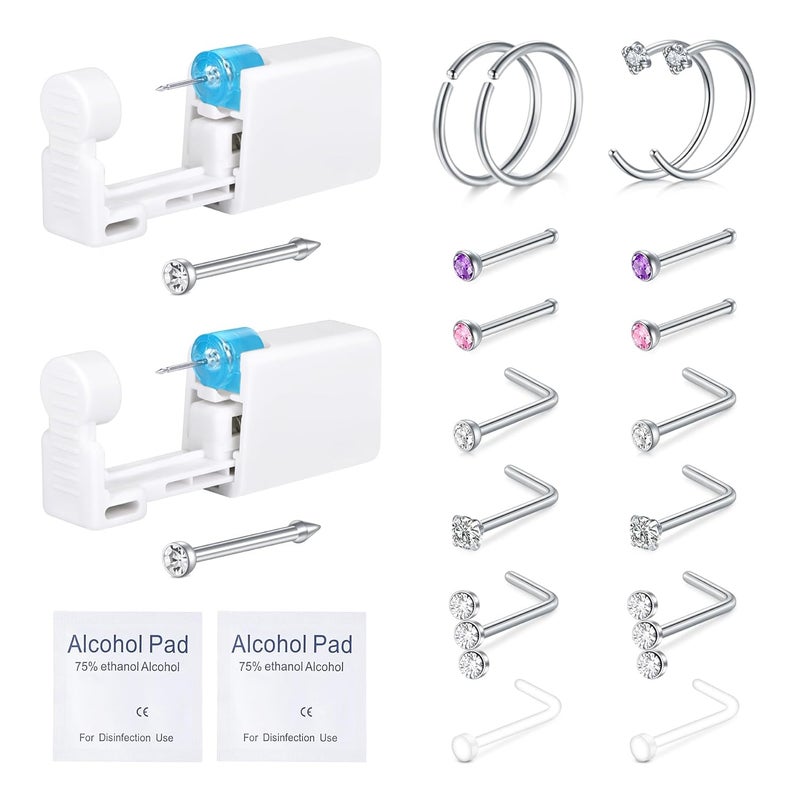 QWALIT 2pcs Nose Piercing Kit with Nose Rings and Disposable Piercing Gun - Image 1